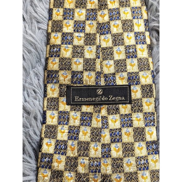 Ermenegildo Zegna Fine Silk Tie Yellow Blue‎ Gold Geometric Italy Designer Mens - Picture 5 of 12